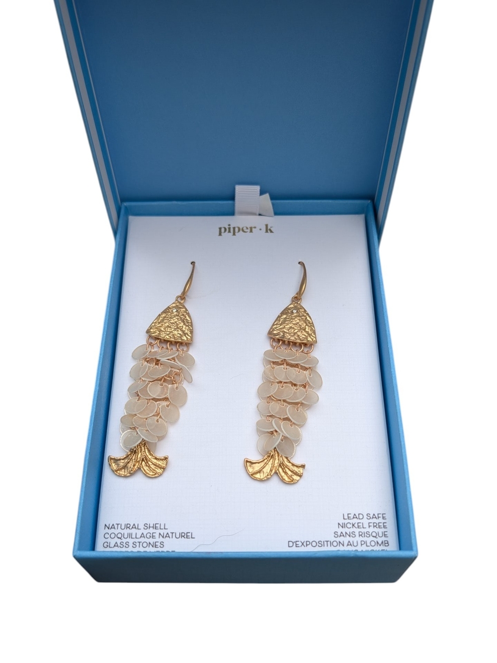 Piper-k Gold and Cream Shell Fish-Scale Drop Earrings